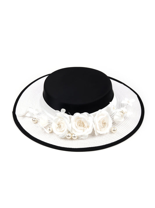 Odette Women White And Black Flower Embellished Hat