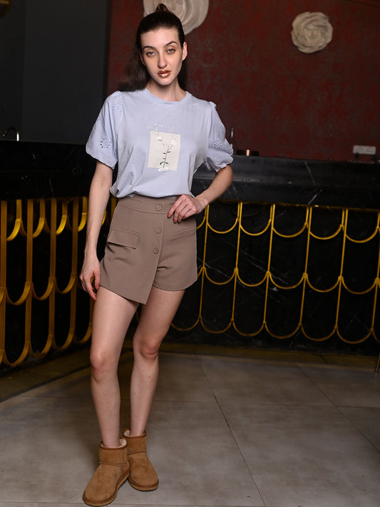 Odette Beige Polyester Suede Solid Shorts For Women